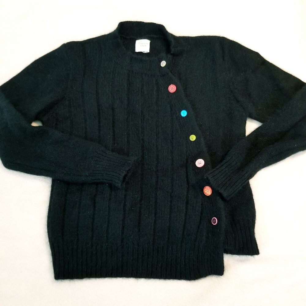 Garnet Hill Asymmetrical Cardigan Sweater Black Lambswool & Angora Womens Small